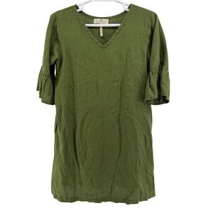 Crown Linen Designs Womens Olive Green 100% Linen Ruffle Sleeve Shift Dress S